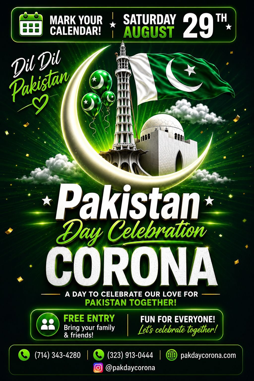 Pakistan Day Celebration Corona — Saturday August 29th — Free Entry — Fun for Everyone